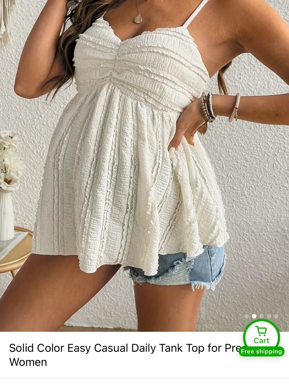 White Textured Babydoll Maternity Tank Top with Spaghetti Straps Large
